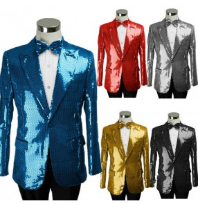 Gold blue turquoise red black silver white sequins paillette long sleeves men's man male singer stage performance wedding party cos play jazz dance blazers coat tops 